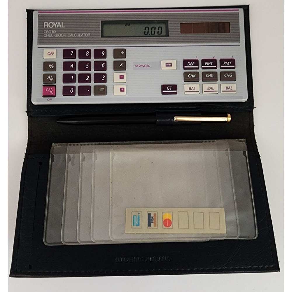 Royal CBC 80 Checkbook Calculator Wallet Black Vintage Solar Tested WORKS EXC